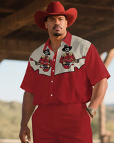 Western Denim-Men's Plus Size Red Guitar Skull Short Sleeve Shirt Pants Suit